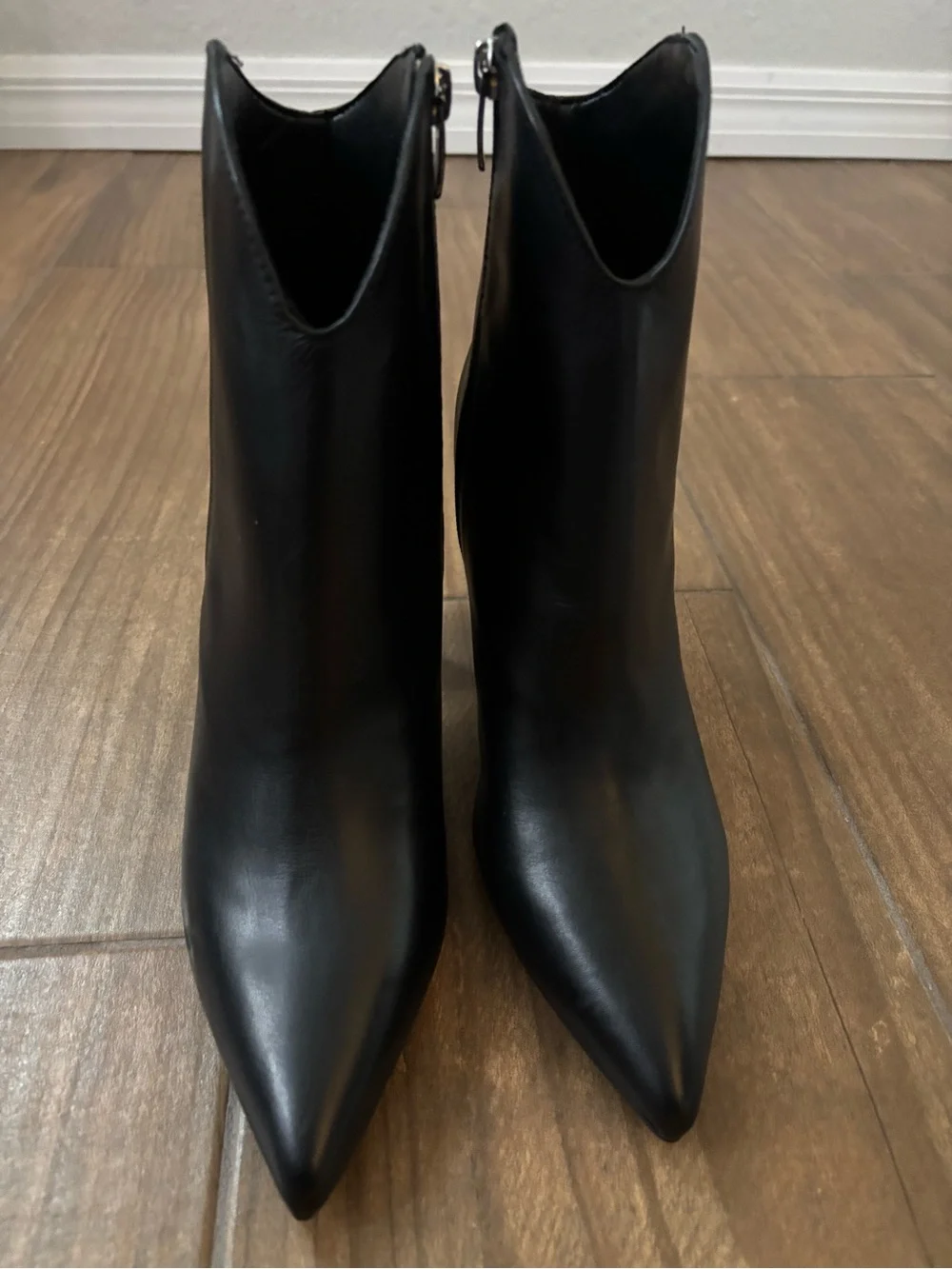 Nine West GHOST Black Leather Pointed Toe Ankle Boot Bootie Block Heel